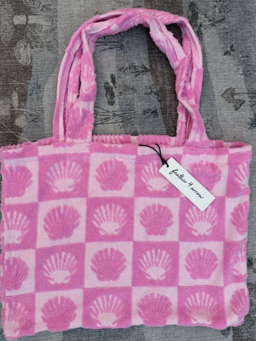 Heather + Harlow Pink Terry Tote Shell Checkerboard Beach Tote Bag Coastal NWT